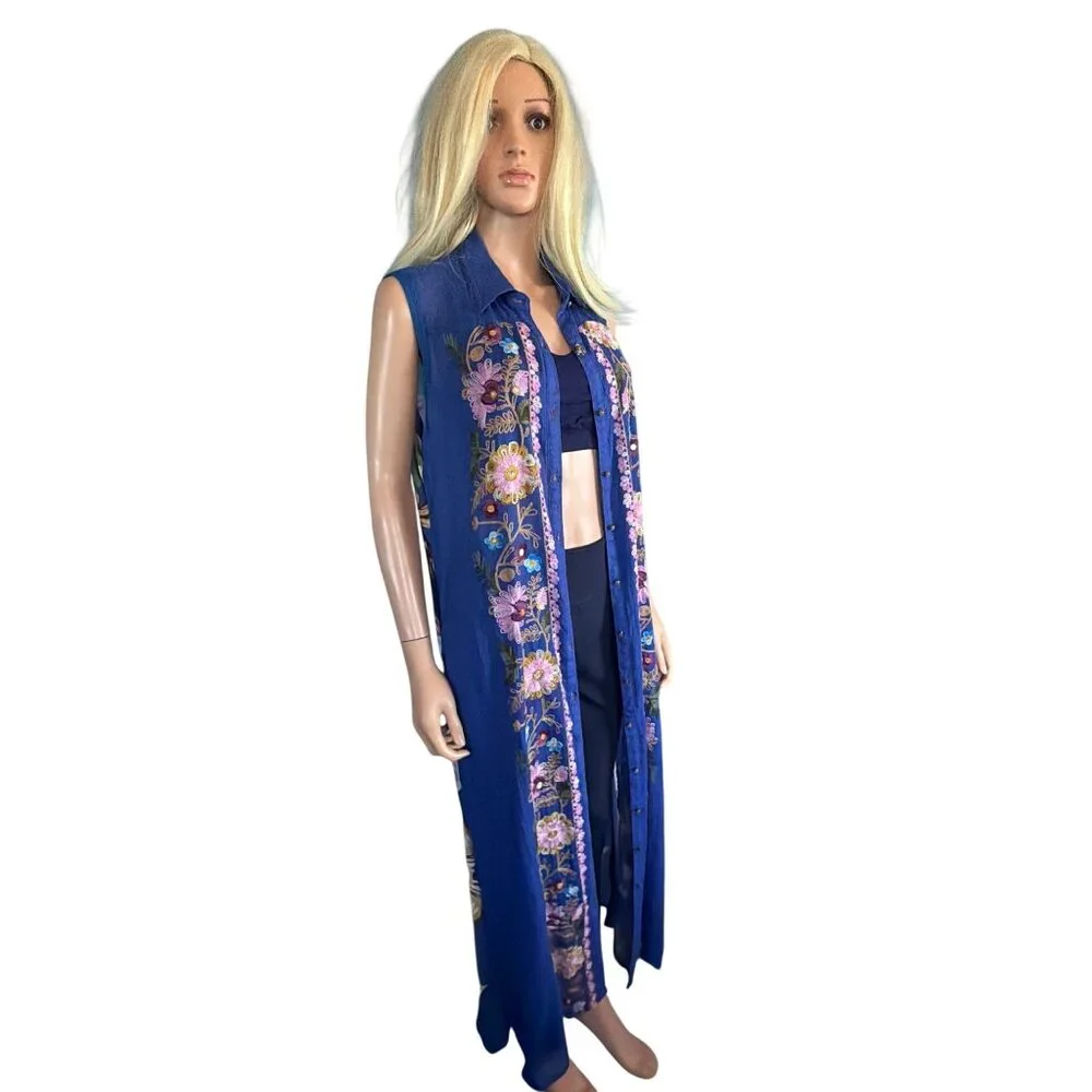 NWT Aratta Adonis Blue Embroidered Maxi Duster Shirt Dress S $228 Boho Festival - Picture 16 of 17